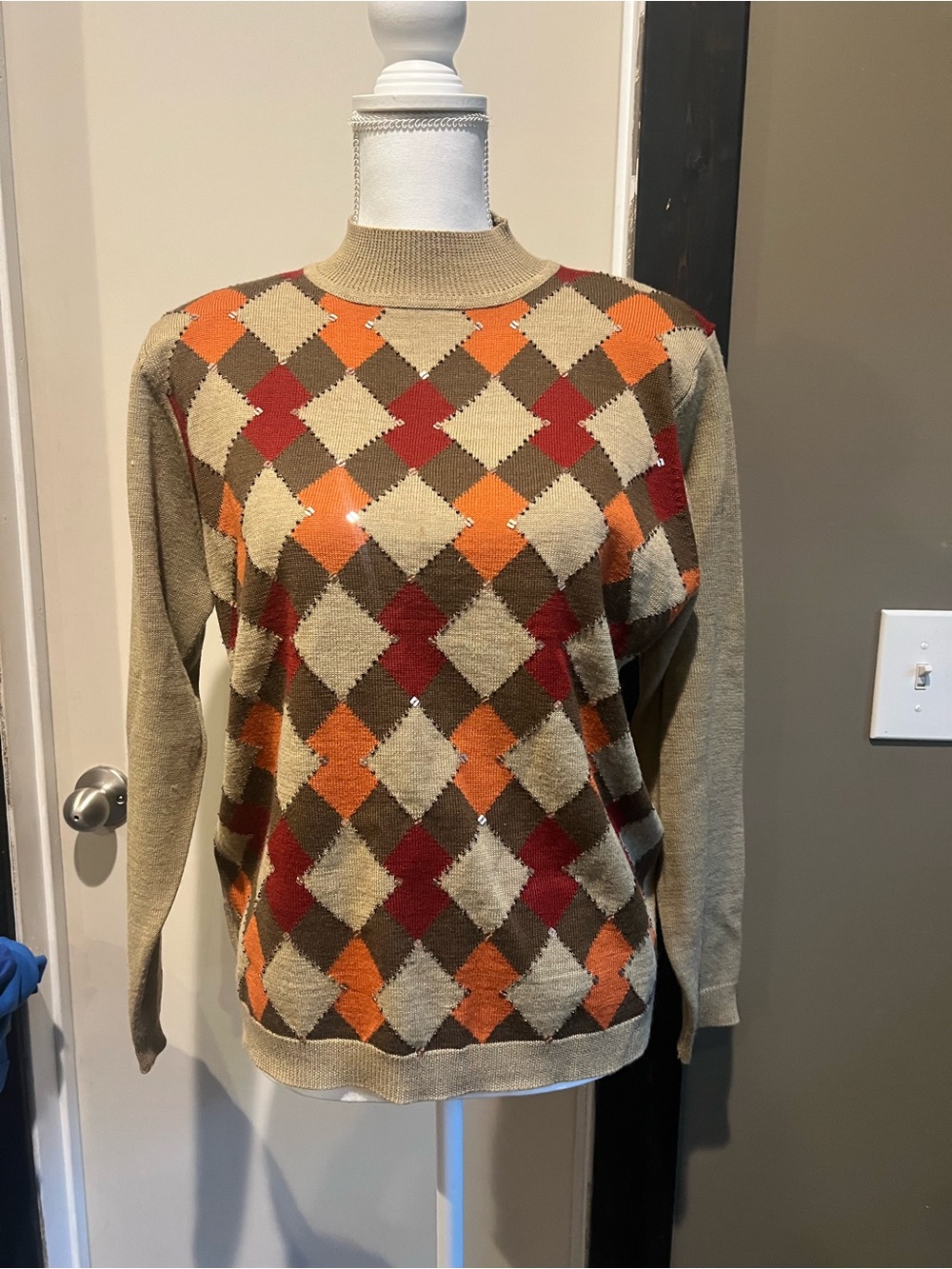 Alfred Dunner Beige Argyle Crewneck Sweater with Orange & Red Diamonds